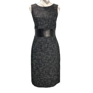 Etcetera Women's‎ Black Gray Wool Blend Twead Look Dress with Leather Waist 8